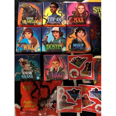McDonald's Happy Meal Stranger Things: Tales From '85 Near-Complete Lot of 8 Toys/Book + Stickers + Boxes + Apple Wrapper