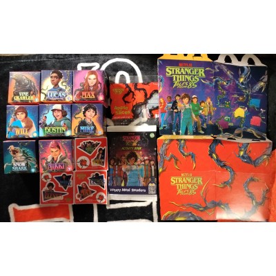 McDonald's Happy Meal Stranger Things: Tales From '85 Near-Complete Lot of 9 Toys/Book + Stickers + Boxes + Apple Wrapper